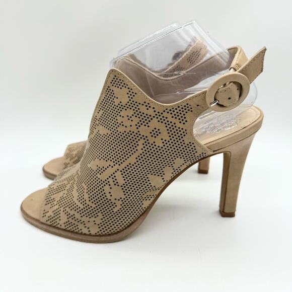Vince Camuto Nattey 2 Perforated Leather Slit Peep Toe Heels Tan Size 8.5 - Picture 7 of 13